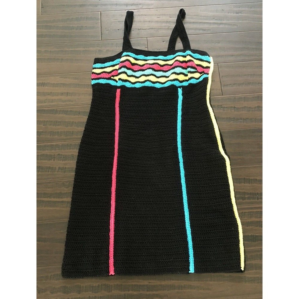 Vintage Hand Crochet Knit Dress Neon Rainbow Bodycon Blue Yellow Pink Striped